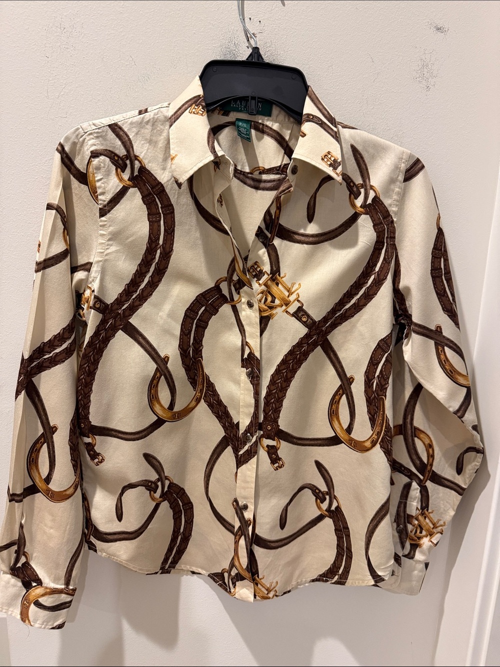 Lauren Ralph Lauren Cream Button-Down Shirt with Equestrian Gold Chain Print SP